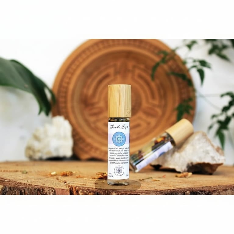 To rullede oliestænger med trækapsler placeret på et træbord, med en rund træskive og dekorative planter i baggrunden. (3)