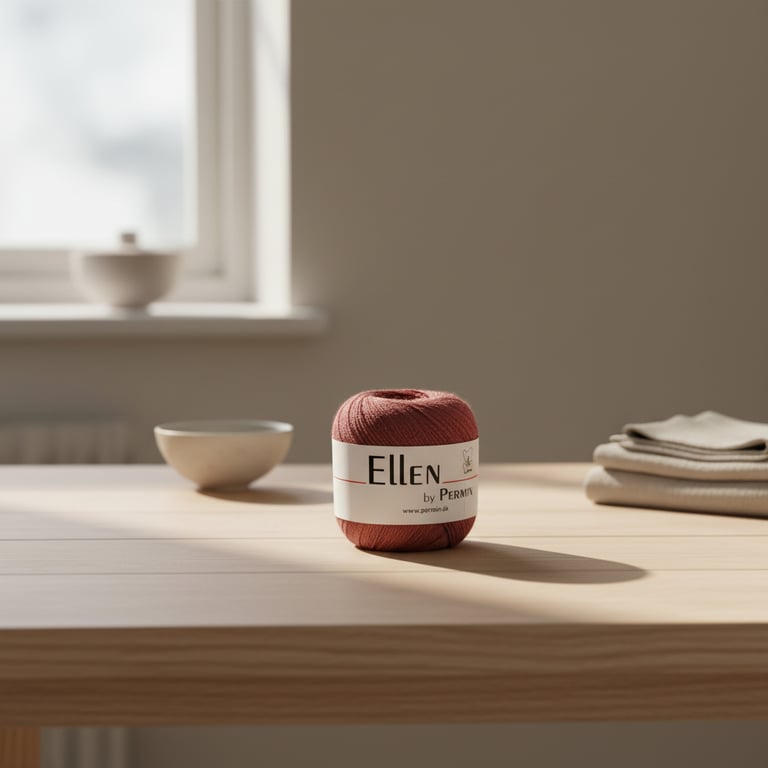 En rulle rosa garn med mærket "Ellen by Permin" placeret på et lyst træbord, med en skål og sammenfoldede tekstiler i baggrunden.