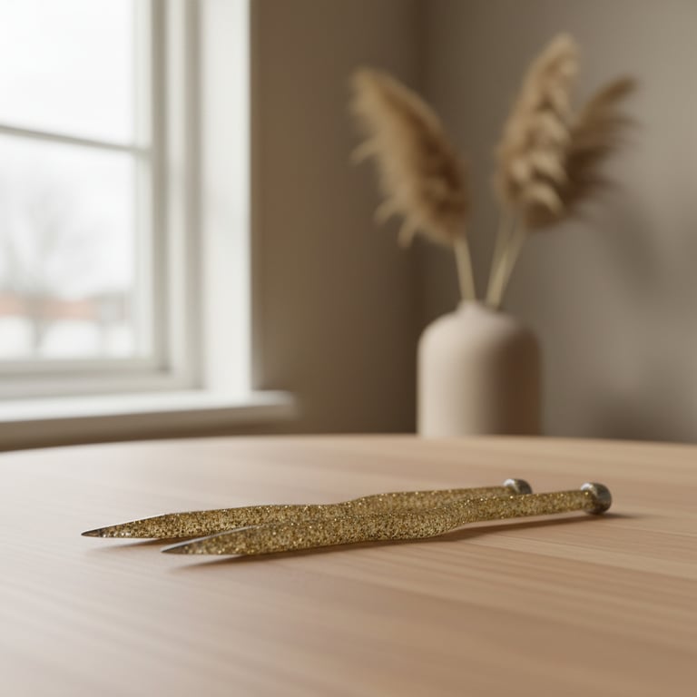 To rustfri stålkniv med gyldent glitrende skaft på et lyst træbord med en vase og tørret græs i baggrunden.