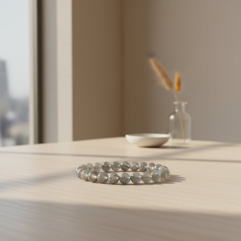 Armbånd af grå perler på lyst træbord med glasskål og vase med tørrede blomster i baggrunden.