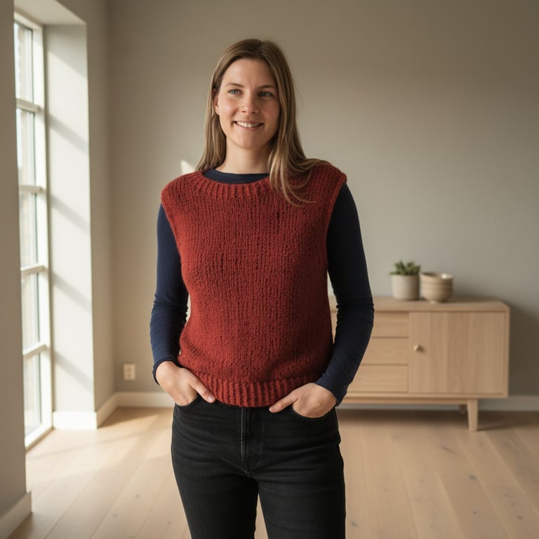 Kvinde iført rød strikket vest og sort bukser, stående i lyst rum med hænderne i lommerne og smil på læben.