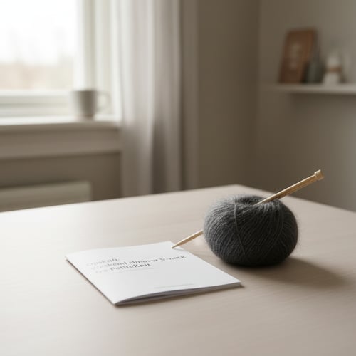En grå pelstynd garnnøgle med en strikkepind stukket gennem, placeret på et lyst bord ved siden af et hæftet mønster til strikning, i et lyst rum med vindue og gardin i baggrunden. (3)