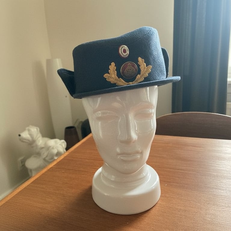 Hvid mannequin-hoved på et bord med en blå hat med to broderede emblemer.
