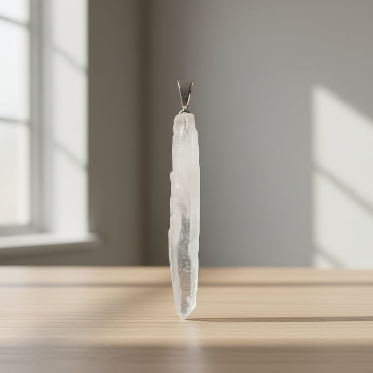 Hvid krystalvedhæng med metalophæng stående på et lyst træbord med diffus baggrund.