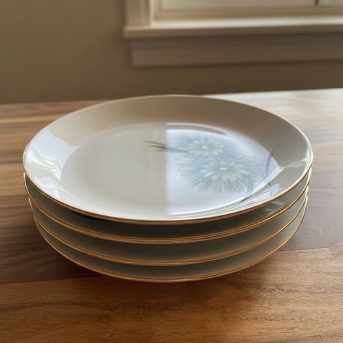 Fire hvide porcelenstallerkener med guldkanter og blå blomsterdekoration, stablet på et træbord nær et vindue. (1)