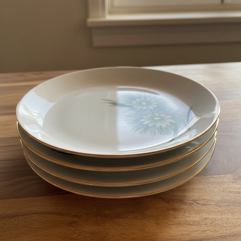 Fire hvide porcelenstallerkener med guldkanter og blå blomsterdekoration, stablet på et træbord nær et vindue.