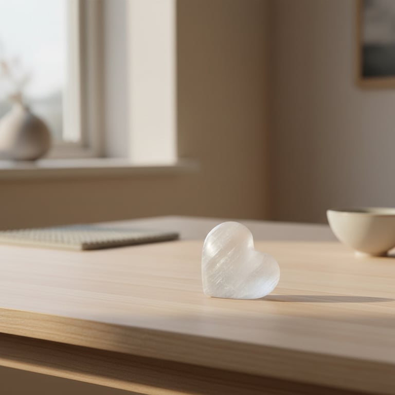 Hjerteformet hvid krystalfigur placeret på et lyst træbord i et lyst og minimalistisk rum med en vase ved vinduet og en skål i baggrunden.