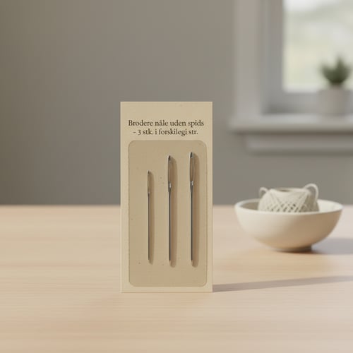 Broderinåle uden spids i tre forskellige størrelser på en beige pakke, placeret på et lyst bord med en hvid skål og en plante i baggrunden. (1)