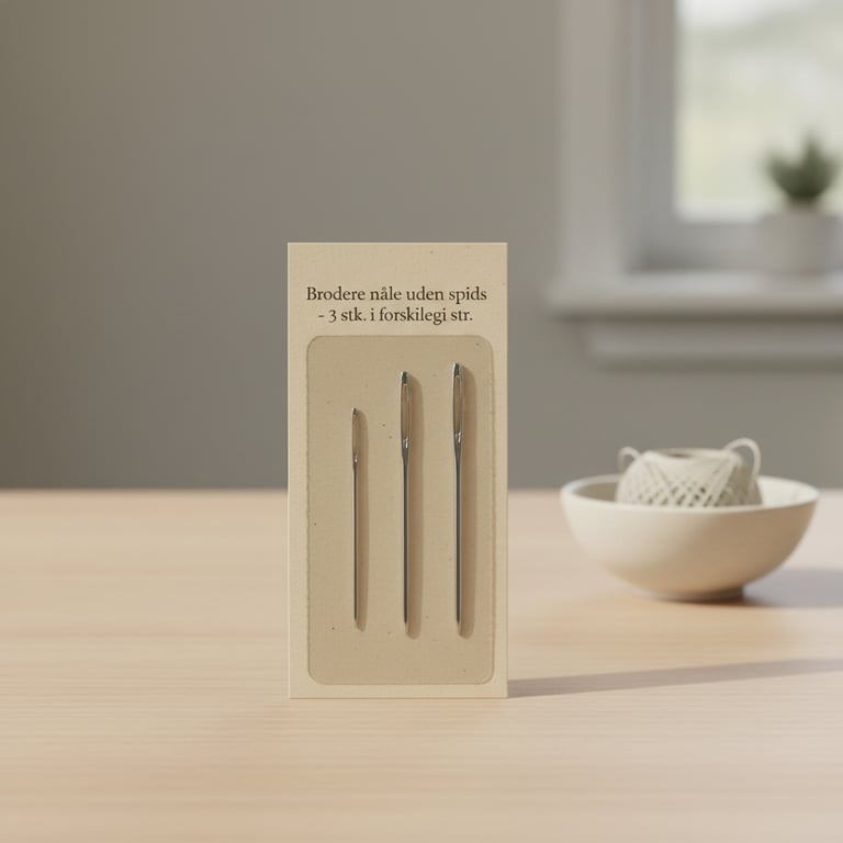 Broderinåle uden spids i tre forskellige størrelser på en beige pakke, placeret på et lyst bord med en hvid skål og en plante i baggrunden.