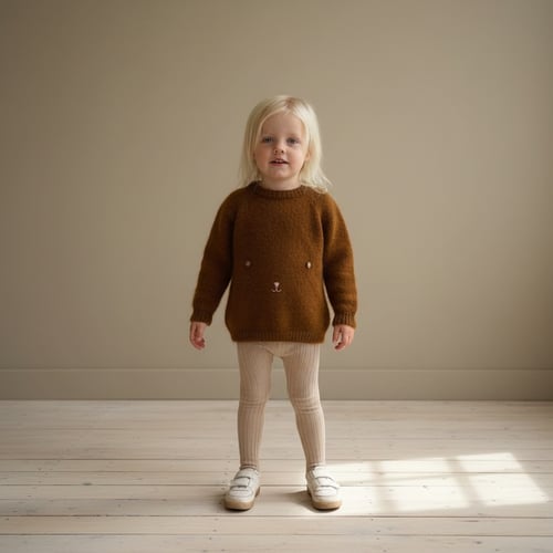 Lille blondt barn iført brun striktrøje med dyremotiv, beige ribstrikkede leggings og hvide sko, står på lyst trægulv foran beige væg. (1)