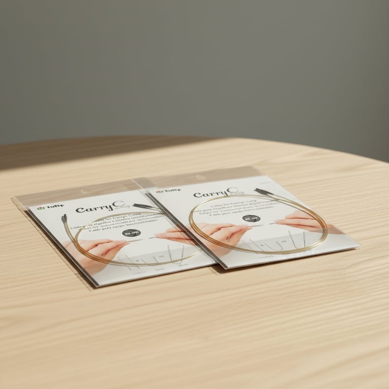 To pakker med Tulip Carry Clip strikkepinde på et lyst træbord med blødt dagslys.