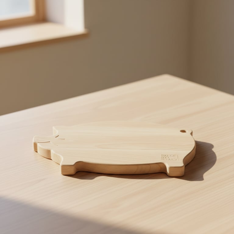 Skærebræt i træ formet som en gris, placeret på et lyst træbord med sollys.