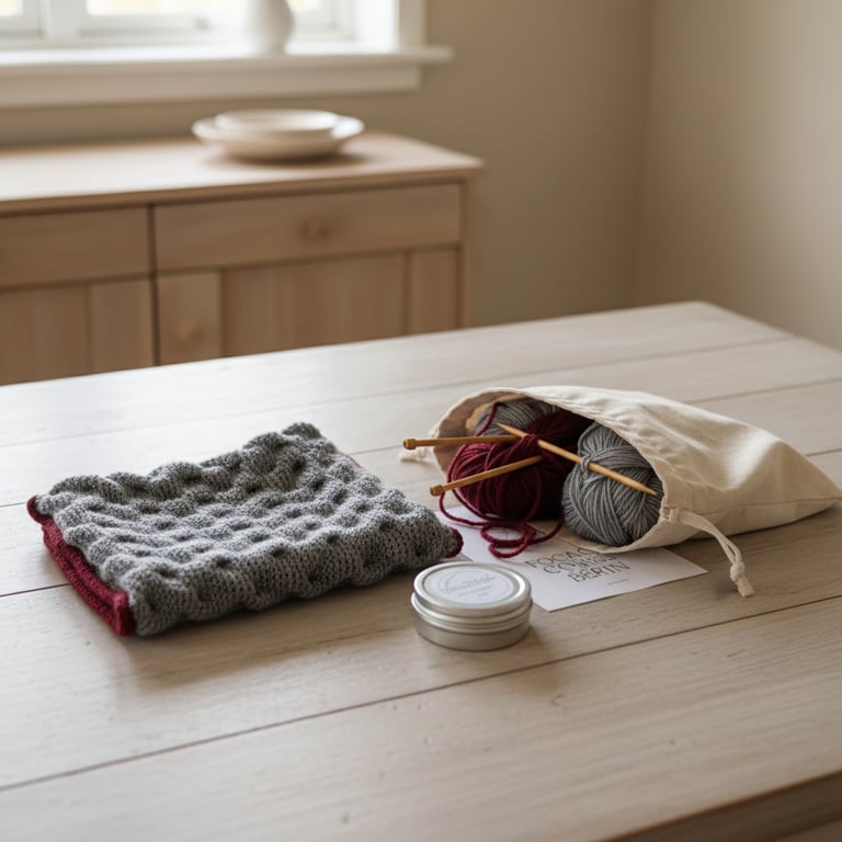 Strikketøj med gråt og rødt halstørklæde, garnnøgler i en stofpose samt strikkepinde og en lille rund metalæske på et lyst træbord.