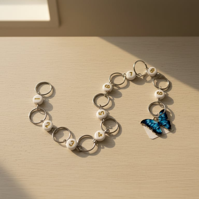 Nøglekæde med hvide perler nummereret fra 1 til 8 og en blå sommerfugl ved enden, placeret på en lys bordplade i sollys.