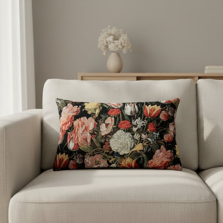 PUDE Gobelin sort bund med tulipaner 