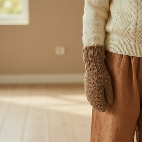 En person iført strikket cremefarvet sweater, brune strikkede vanter og løse brune bukser i et lyst rum. (1)