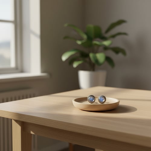 Et par sølvøreringe med blå sten ligger i en beige skål på et lyst træbord i et solbeskinnet rum med en grøn potteplante i baggrunden. (1)