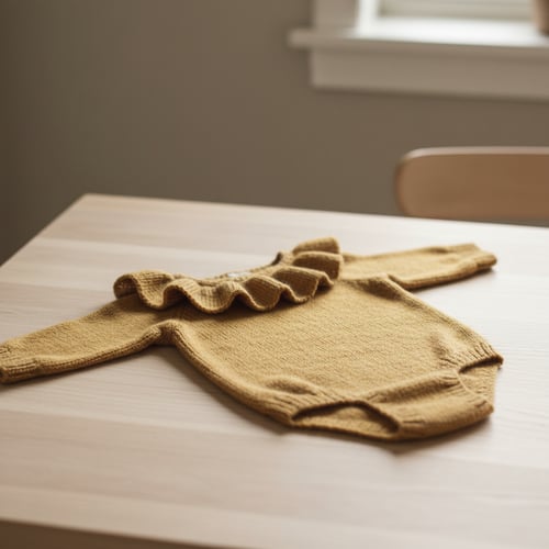 En gul strikket babybody med lange ærmer og flæsedetalje omkring halsen, lagt ud på et lyst træbord. (1)