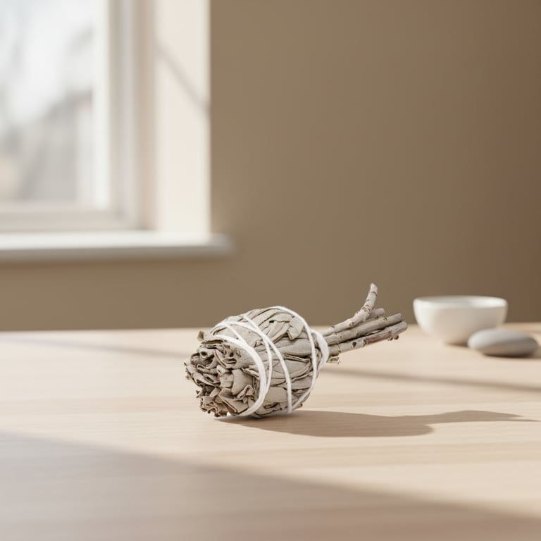 En bundt tørrede salvieblade bundet med snor, lagt på et lyst træbord med blødt dagslys fra et vindue i baggrunden.