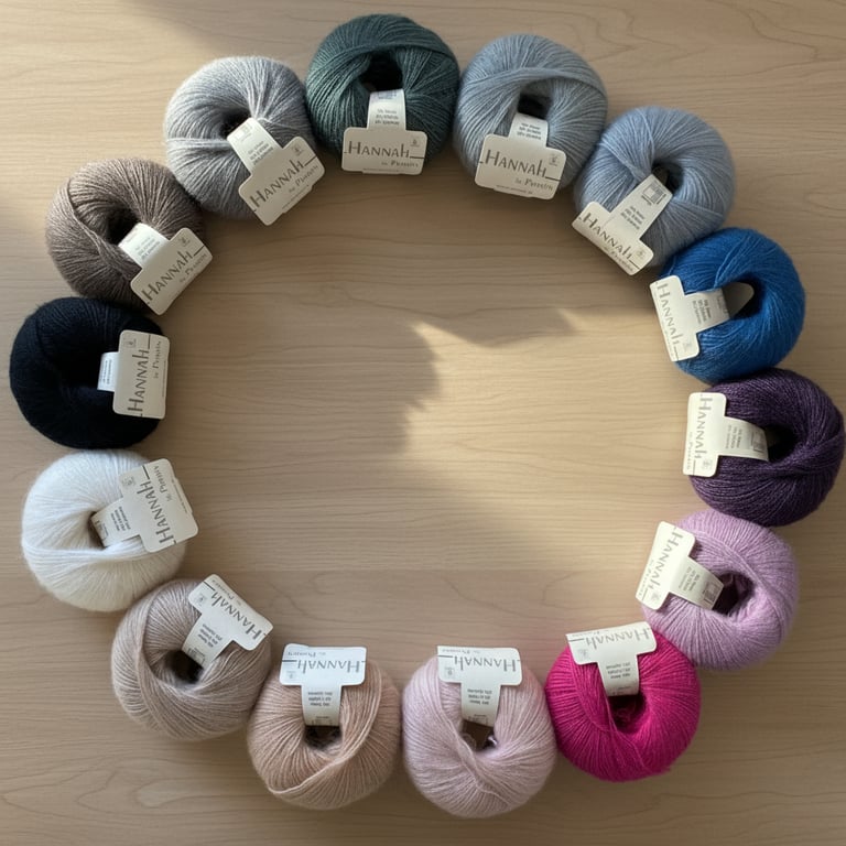 Strengler garn i forskellige farver arrangeret i en cirkel på et lyst træbord.