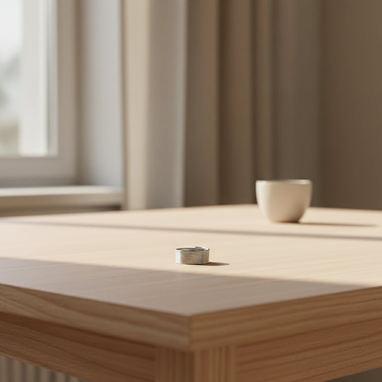 Stabel af sølvfarvede mønter på et lyst træbord med en hvid krus i baggrunden.