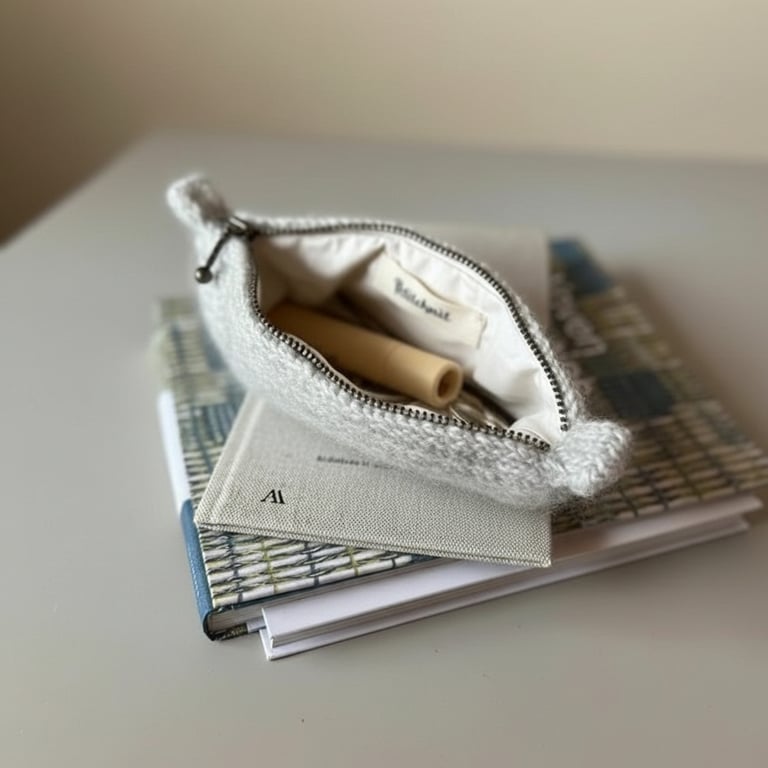 Et åbent, lyst strikket penalhus med en træpen og metalclips indeni, der ligger oven på en stak bøger med forskellige omslag på et bord.