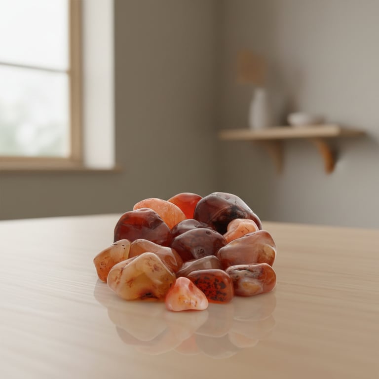 En samling polerede, orange og brune agat-sten placeret på et lyst bord i et rum med en vindue og en væghylde i baggrunden.