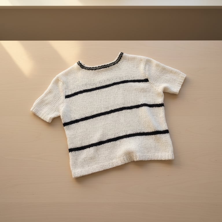 Håndstrikket hvid kortærmet trøje med sorte vandrette striber, lagt på et lyst træbord. (3)