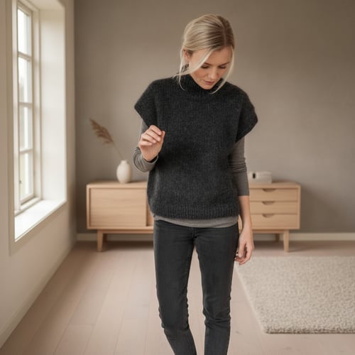 Kvinde med lyst hår iført grå langærmet bluse og sort strikket vest, står i et lyst rum med trægulv, vindue til venstre og kommode med vase i baggrunden. (1)