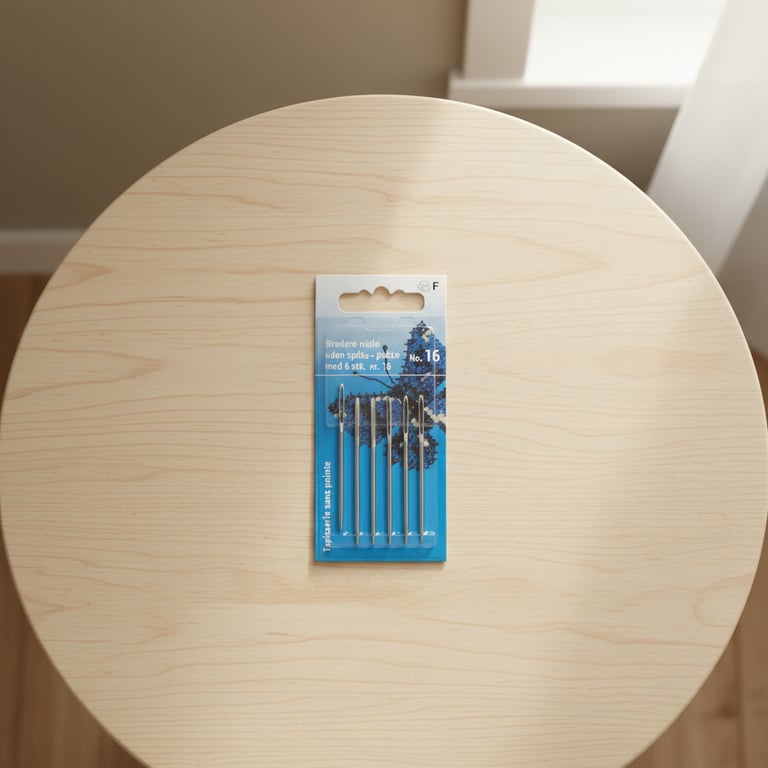 Pakke med seks synåle på et rundt lyst træbord.