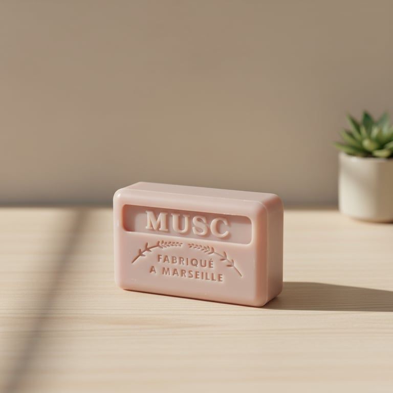 En lyserød sæbebar med teksten "MUSC FABRIQUÉ À MARSEILLE" stående på et lyst træbord med en lille grøn sukkulentplante i en hvid potte i baggrunden.