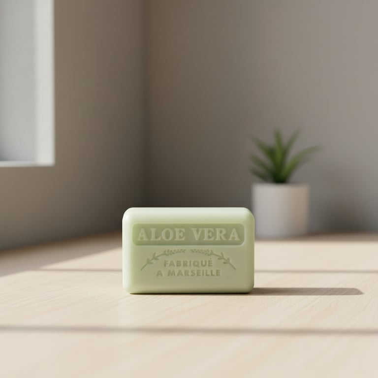Lysegrøn sæbebar med teksten "ALOE VERA FABRIQUÉ A MARSEILLE" stående på lyst trægulv med blød skygge og en småplante i hvid potte i baggrunden.