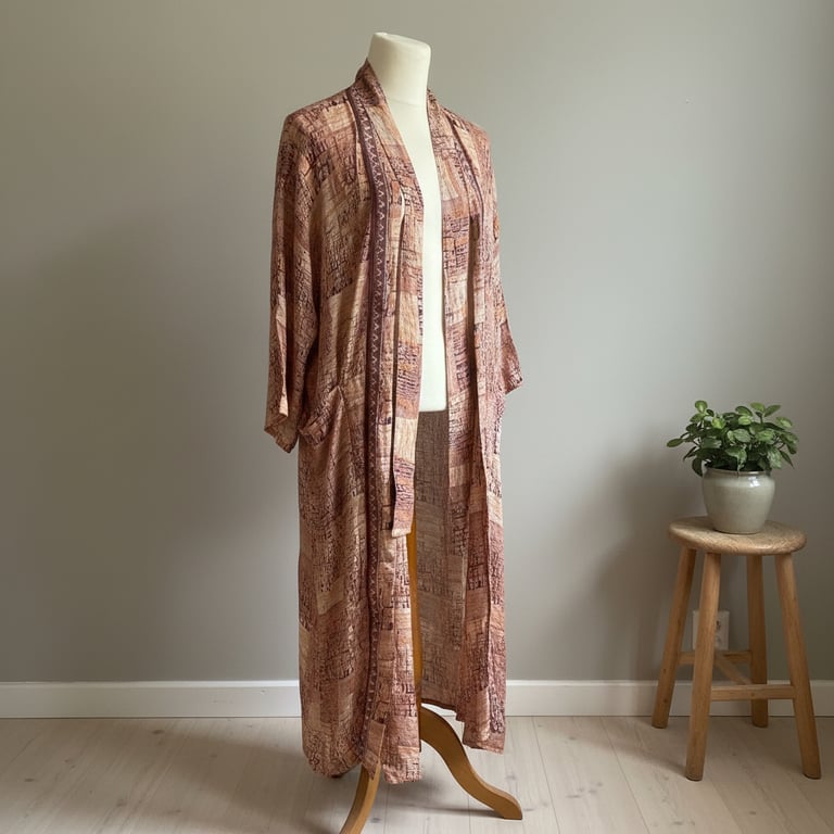 Lang, mønstret kimono i varme jordfarver vist på en hvid mannequin, placeret i et lyst rum med en lille plante på en træskammel ved siden af.