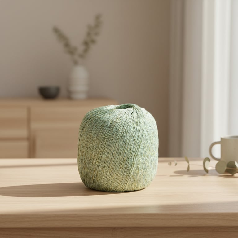 En grøn garnnøgle placeret på et lyst træbord med en sløret baggrund bestående af en hvid vase med tørrede blomster, en kop og en skål.