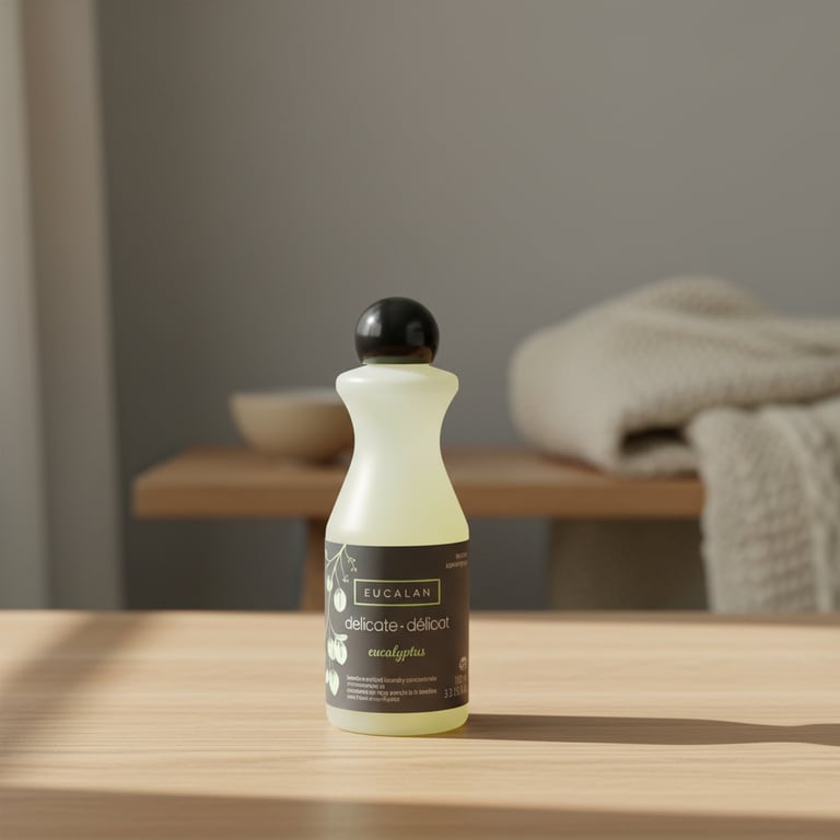 Flaske med Eucalan Delicate vaskemiddel med eukalyptus, placeret på et lyst træbord med en sløret baggrund af et bord og et beige tæppe.