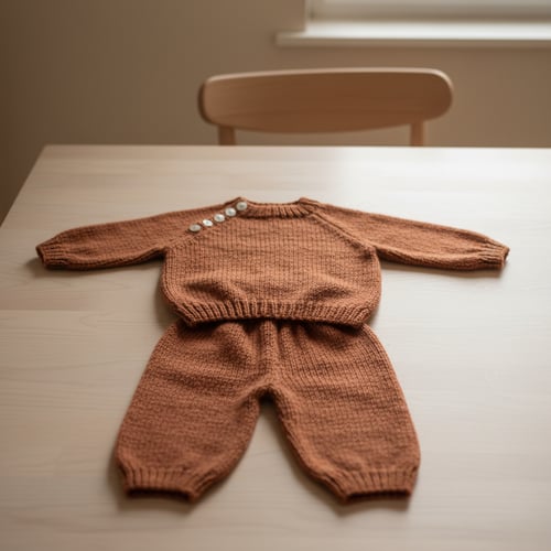 Brunt, håndstrikket babyoutfit med trøje og bukser lagt ud på et lyst træbord, med en stol i baggrunden. (1)