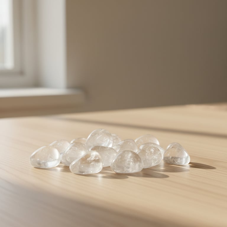 En lille gruppe klare, slebne krystaller lagt på et lyst træbord i blødt naturligt lys fra et vindue.