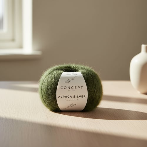 Grøn kugle af Alpaca Silver garn med hvid etiket på et lyst bord med blødt sollys og en hvid keramisk vase i baggrunden. (5)