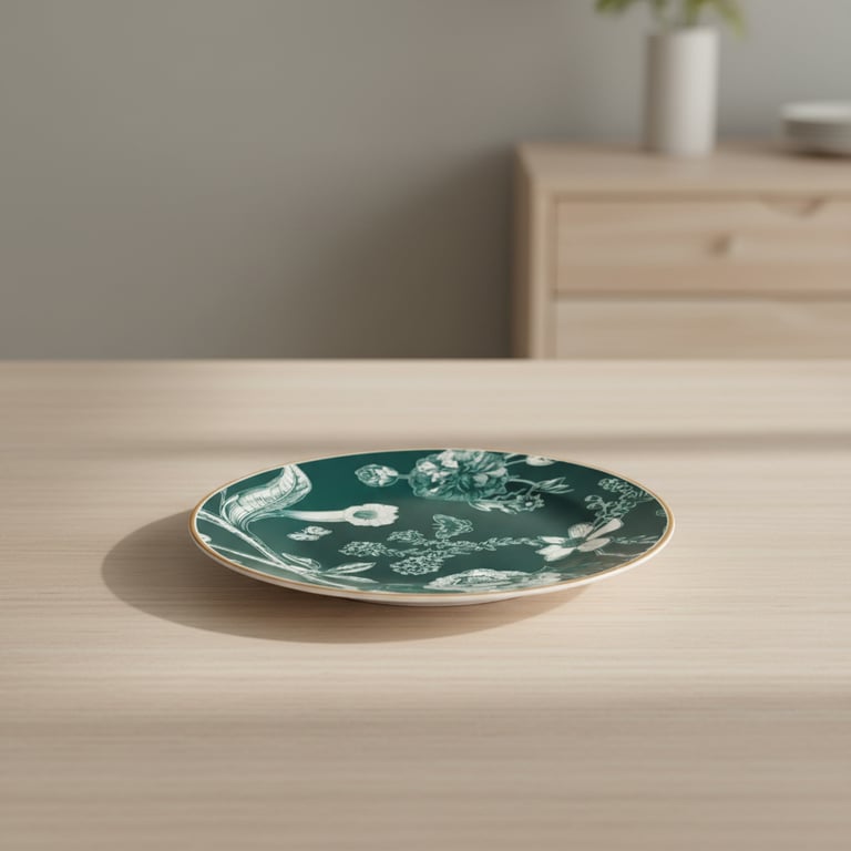 Tallerken med grøn og hvid floral mønster placeret på lyst træbord i et minimalistisk rum.
