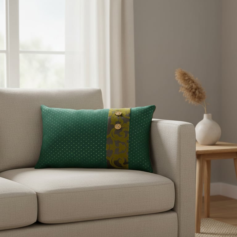 PUDE Grøn pude i uld stof og fløjl med design detalje 