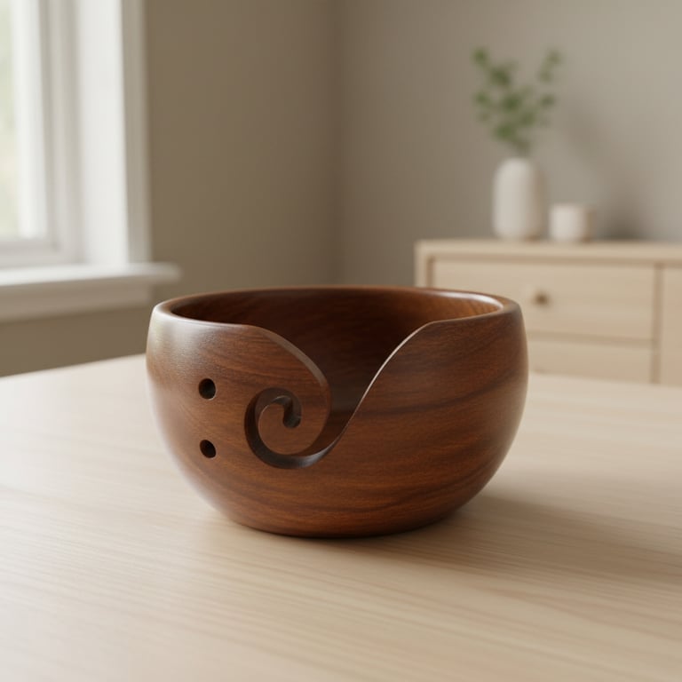 Træskål med spiralformet udskæring på siden til garn, placeret på lyst bord i et lyst rum med skuffeskab og vase i baggrunden.