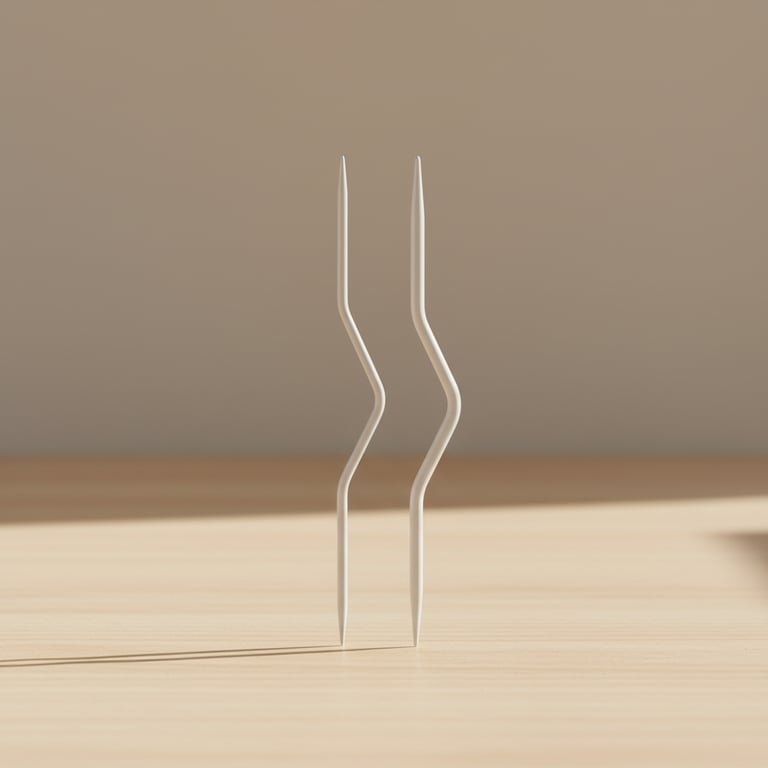 To tandstikkere med bøjet form står oprejst på et lyst træbord med en neutral beige baggrund.