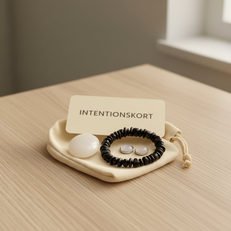 Lys pose med sorte perlearmbånd, hvide øreringe, hvid sten og kort med teksten "INTENTIONSKORT" på træbord.