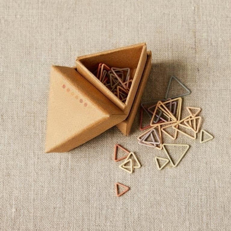 Åben trekantet æske med små trekantede papirclips i forskellige pastelfarver spredt på beige stof.