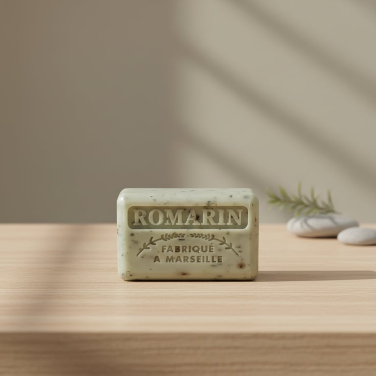 Grågrøn sæbebrik med teksten "ROMARIN" og "FABRIQUÉ A MARSEILLE" placeret på et lyst træbord med bløde skygger og dekorative sten og en rosmarinkvist i baggrunden.