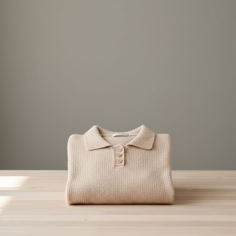 En beige strikket sweater med krave og knapper, foldet og lagt på et lysebrunt træbord mod en grå baggrund. (3)