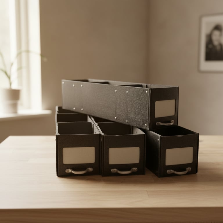 Seks sorte opbevaringskasser med håndtag og etiketter, arrangeret på et lyst træbord i et lyst rum med en potteplante ved vinduet og et sort-hvidt billede på væggen.