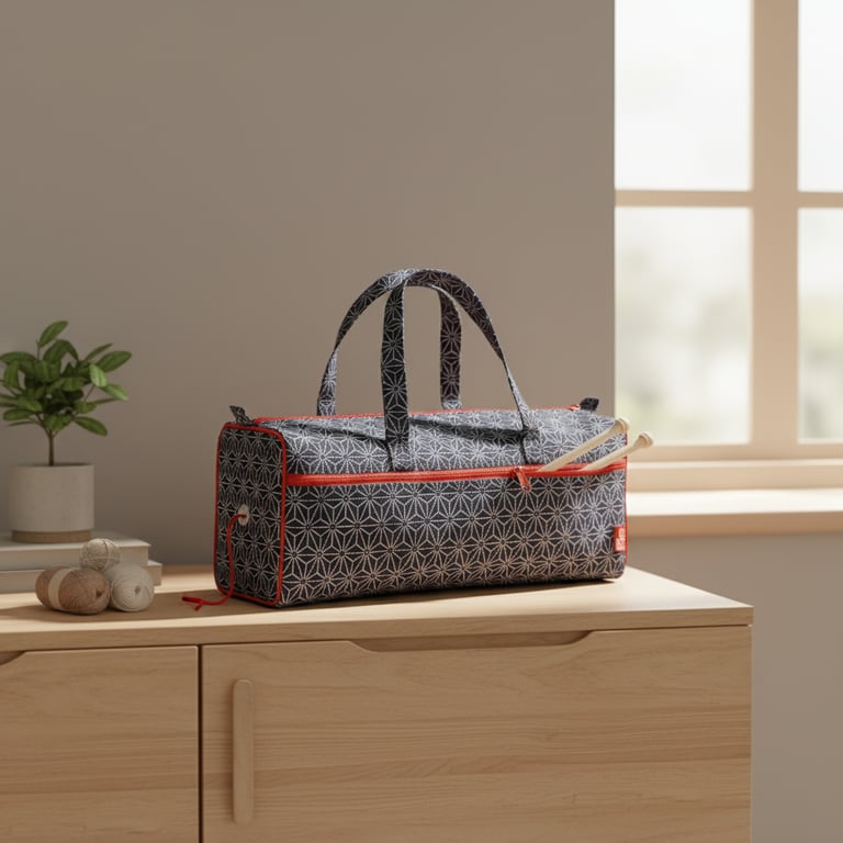 Sort og hvidt mønstret trommestik-taske med røde kanter, der står på et lyst træskab ved siden af garnnøgler og en lille potteplante.