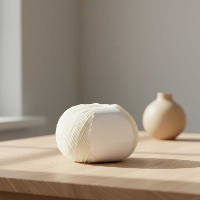 En hvid garnnøgle med et blankt, hvidt mærkat på et lyst træbord, med en sløret keramikvase i baggrunden.