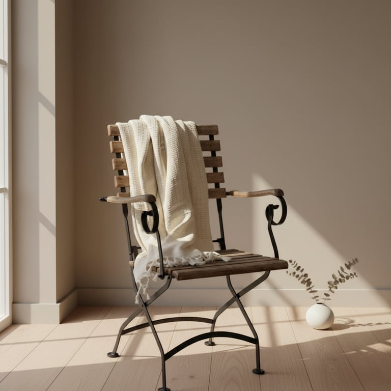 En træ- og metalstol med et lyst tæppe hængende over ryggen, placeret i et solbeskinnet hjørne med lyst trægulv og en hvid vase med tørret blomster ved siden af.